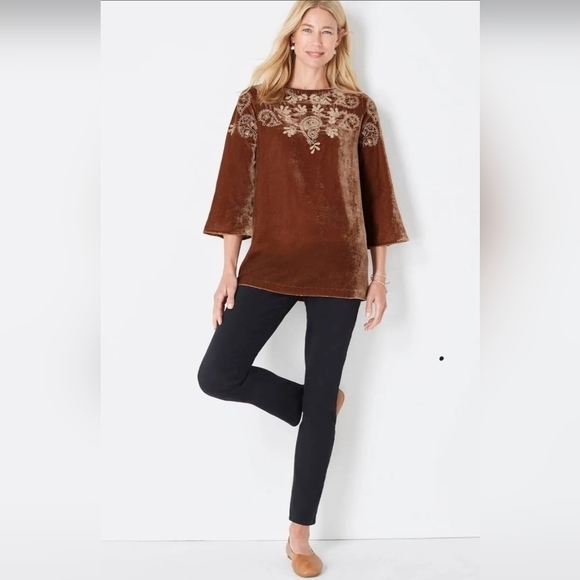 J.Jill Luxurious Velvet Embroidered Bell-Sleeve Top Sz M - Picture 3 of 9
